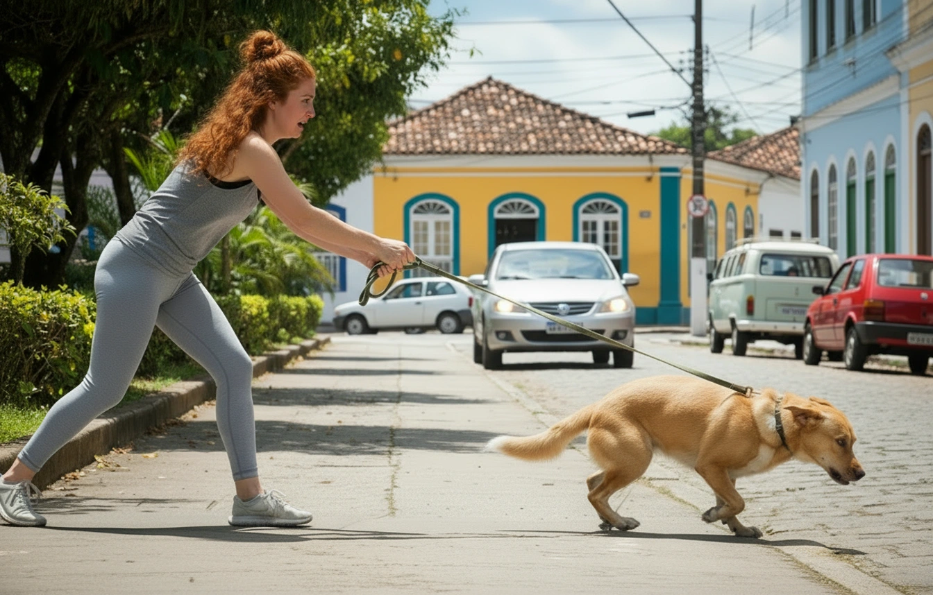 Cão puxando na guia